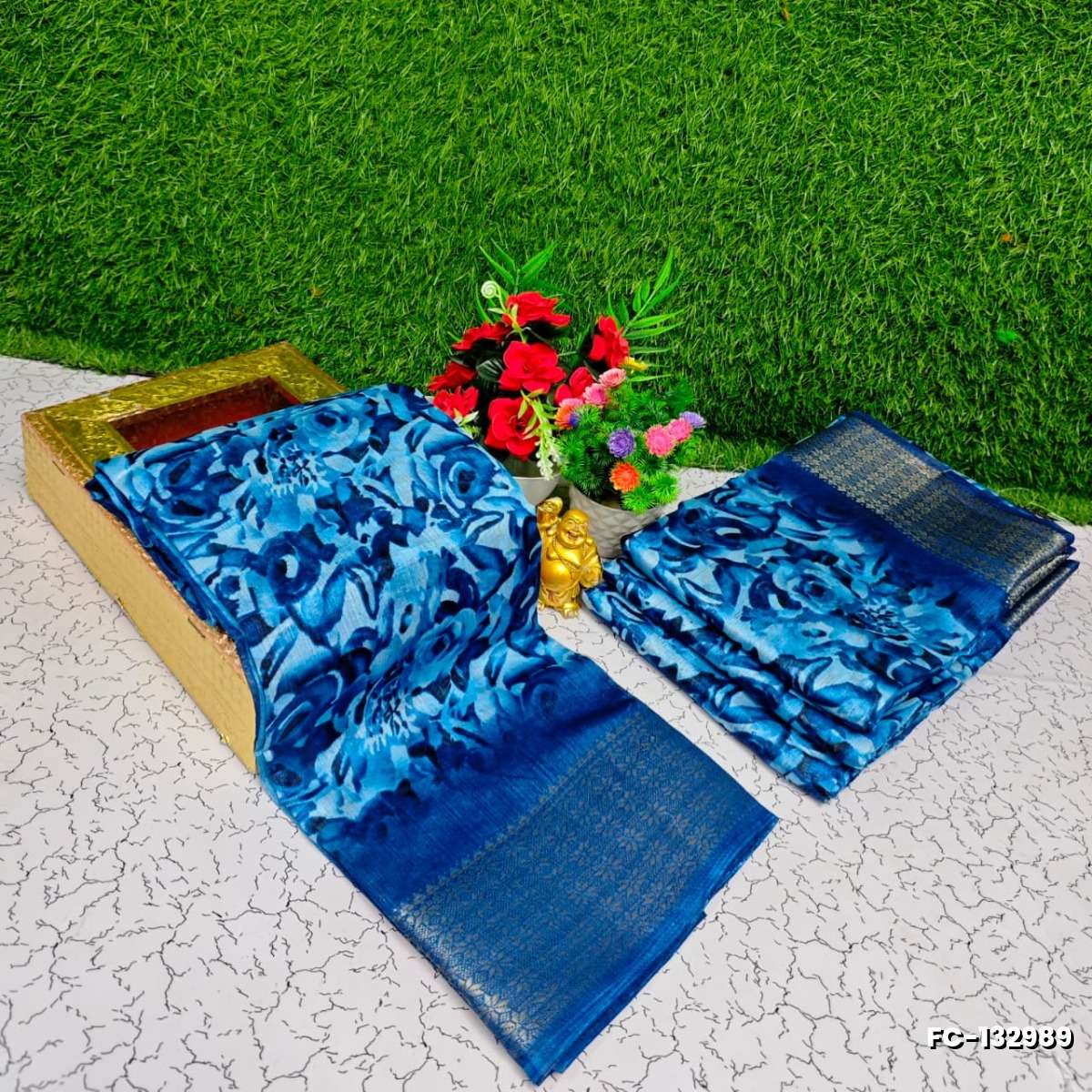 Fancy print office wear cotton sarees all over body mango and leaf pattern design premium look lightweight comfortable wear - BLUE COLOUR