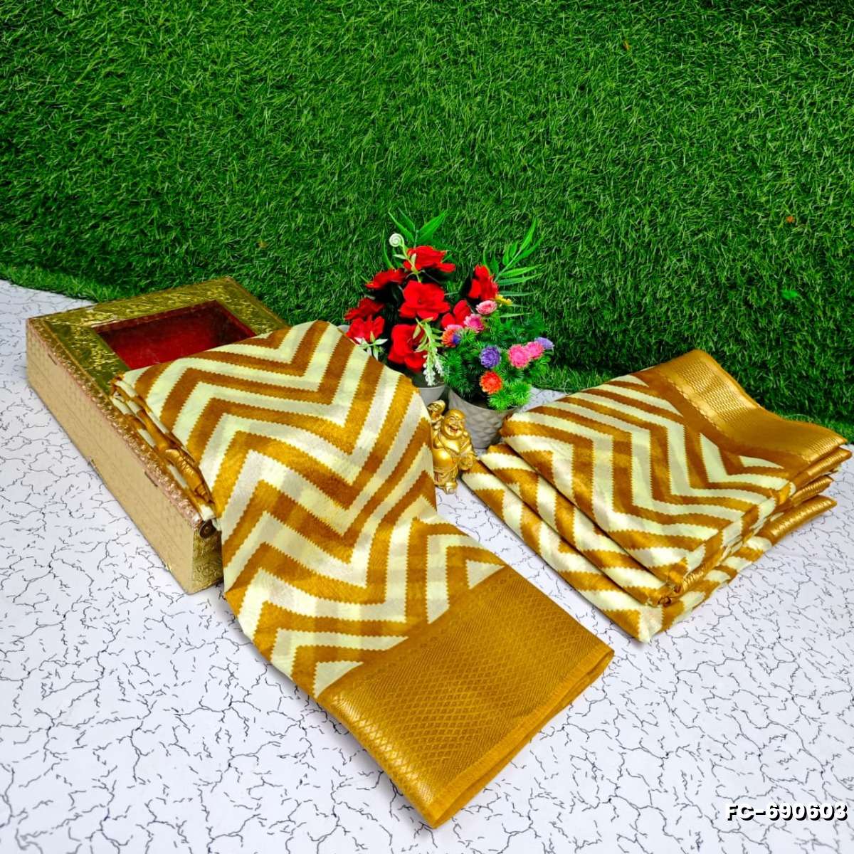 Fancy print office wear cotton sarees all over body zig zag pattern design premium look lightweight comfortable wear - GOLD