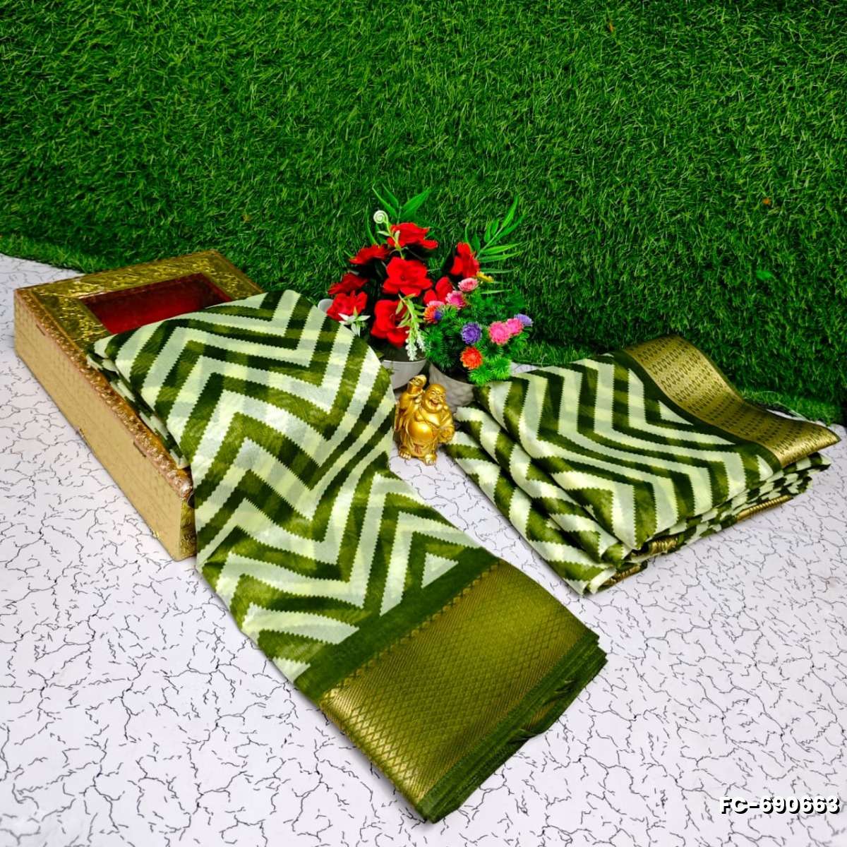 Fancy print office wear cotton sarees all over body zig zag  pattern design premium look lightweight comfortable wear - GREEN COLOUR