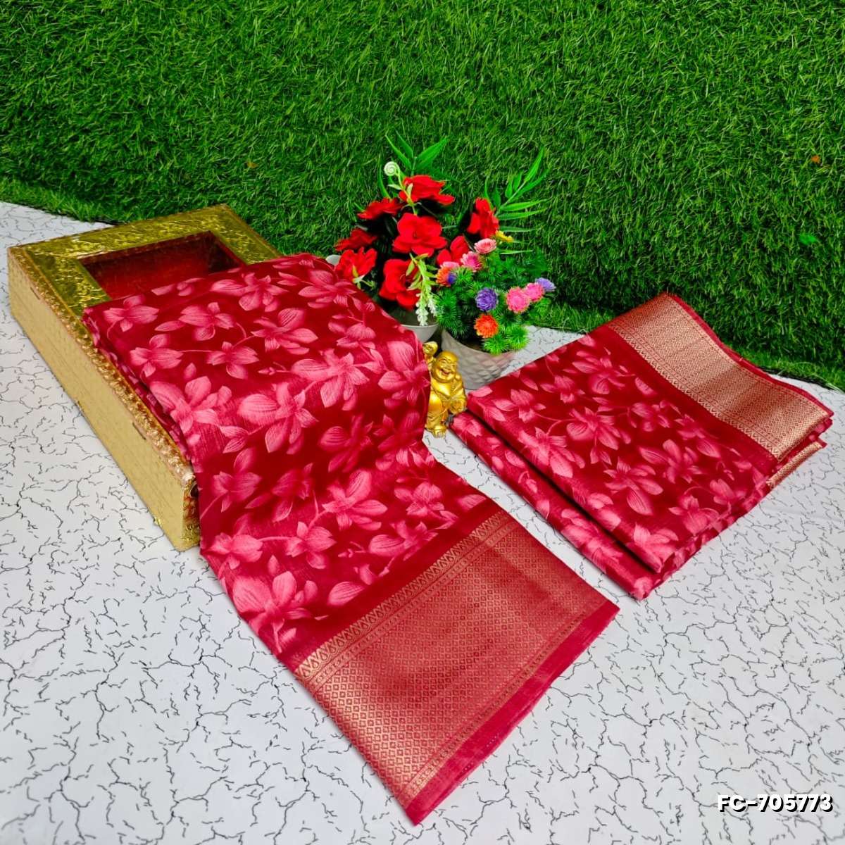Fancy print office wear cotton sarees all over body flower design  pattern design premium look lightweight comfortable wear - RUBY COLOUR (1)