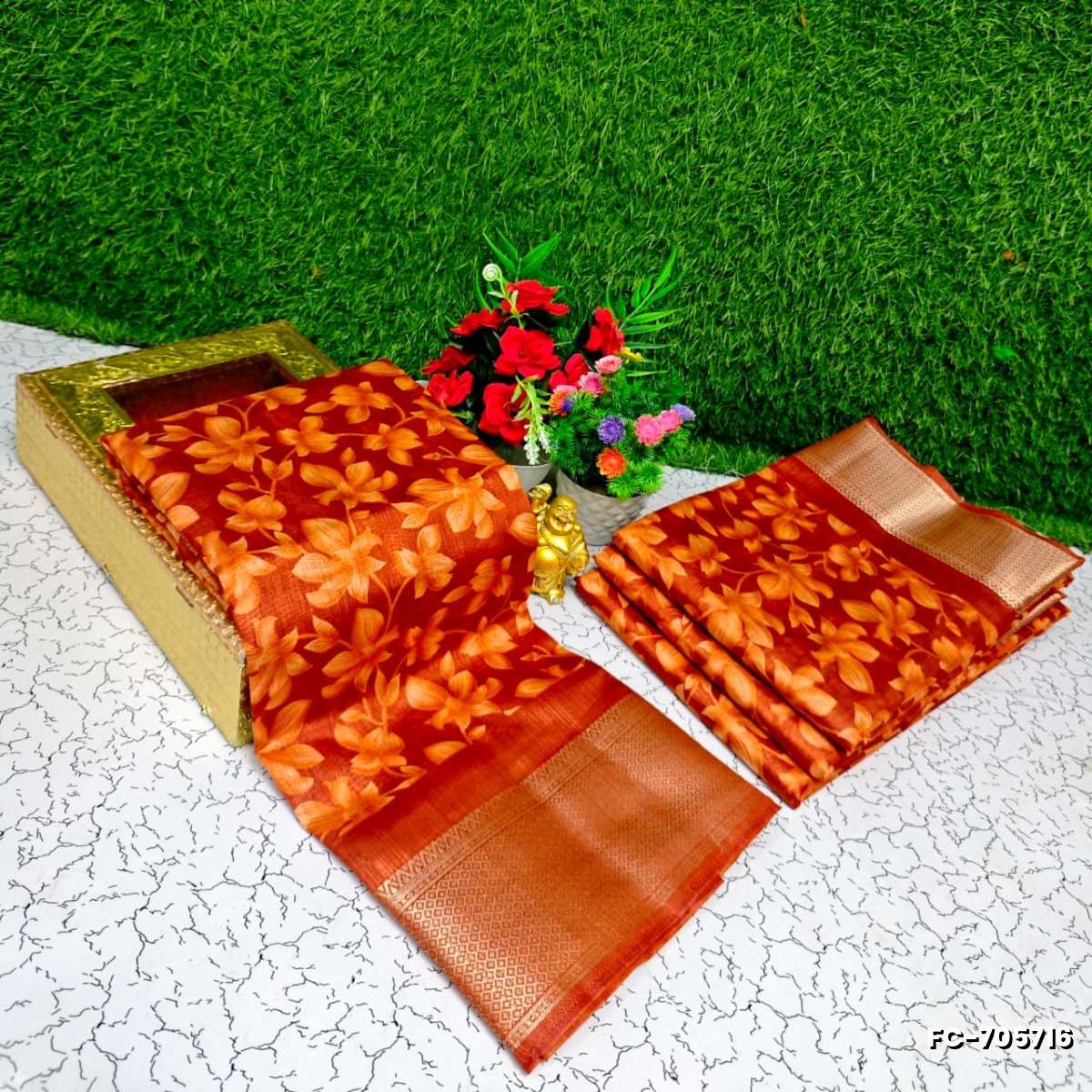 Fancy print office wear cotton sarees all over body flower design pattern design premium look lightweight comfortable wear - ORANGE (3)