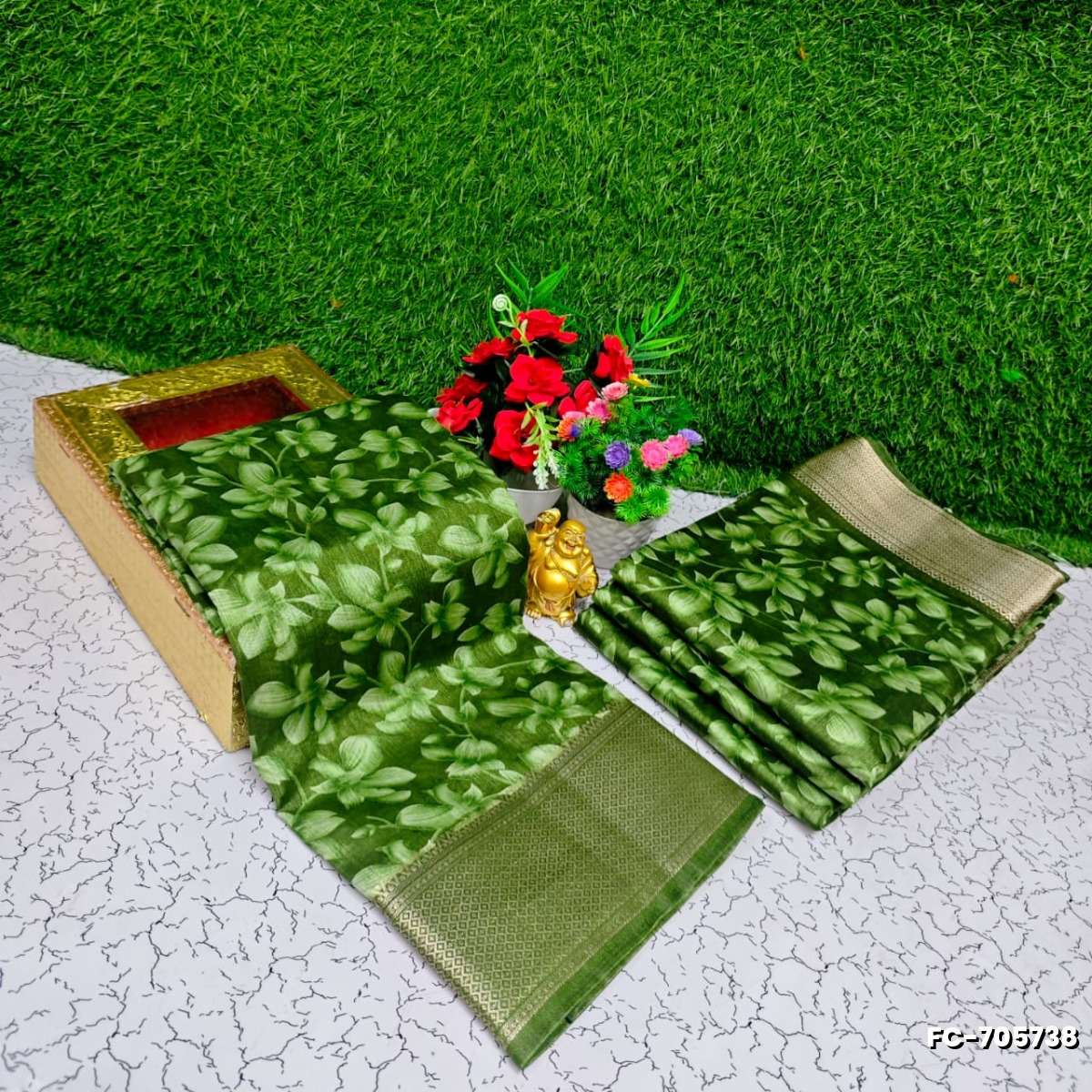 Fancy print office wear cotton sarees all over body flower design pattern design premium look lightweight comfortable wear - DARK GREEN (1)