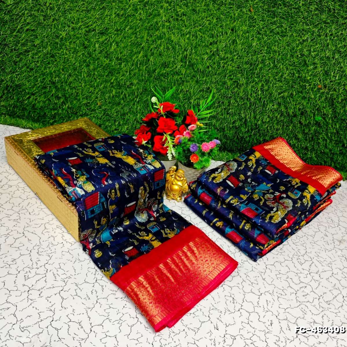 Fancy print office wear cotton sarees all over body kalamkari  pattern design premium look lightweight comfortable wear - NAVY COLOUR