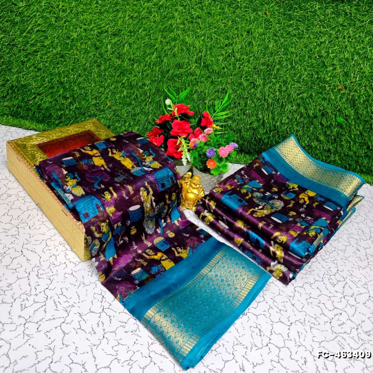 Fancy print office wear cotton sarees all over body kalamkari  pattern design premium look lightweight comfortable wear - PURPLE COLOUR