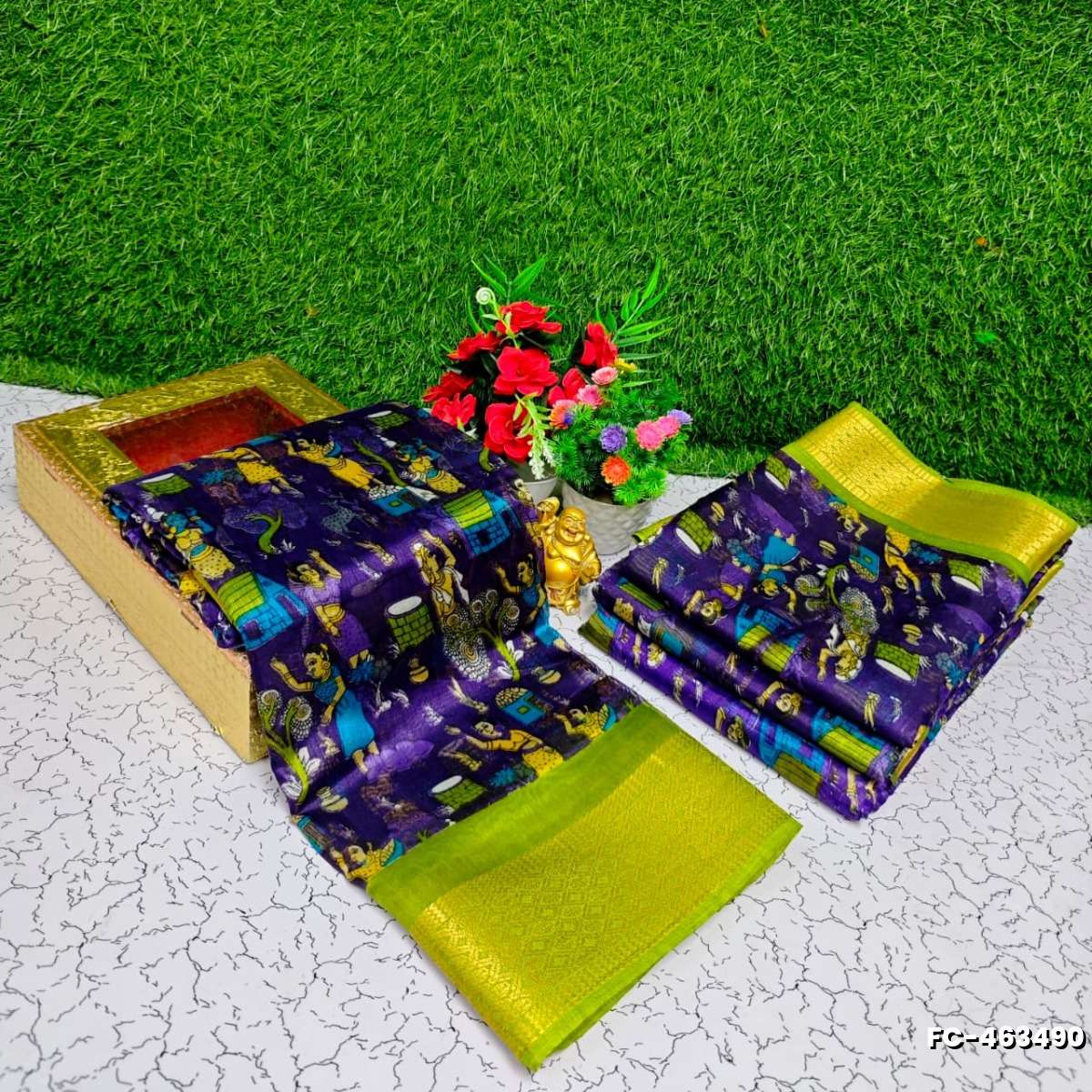Fancy print office wear cotton sarees all over body kalamkari  pattern design premium look lightweight comfortable wear - BRINJAL COLOUR