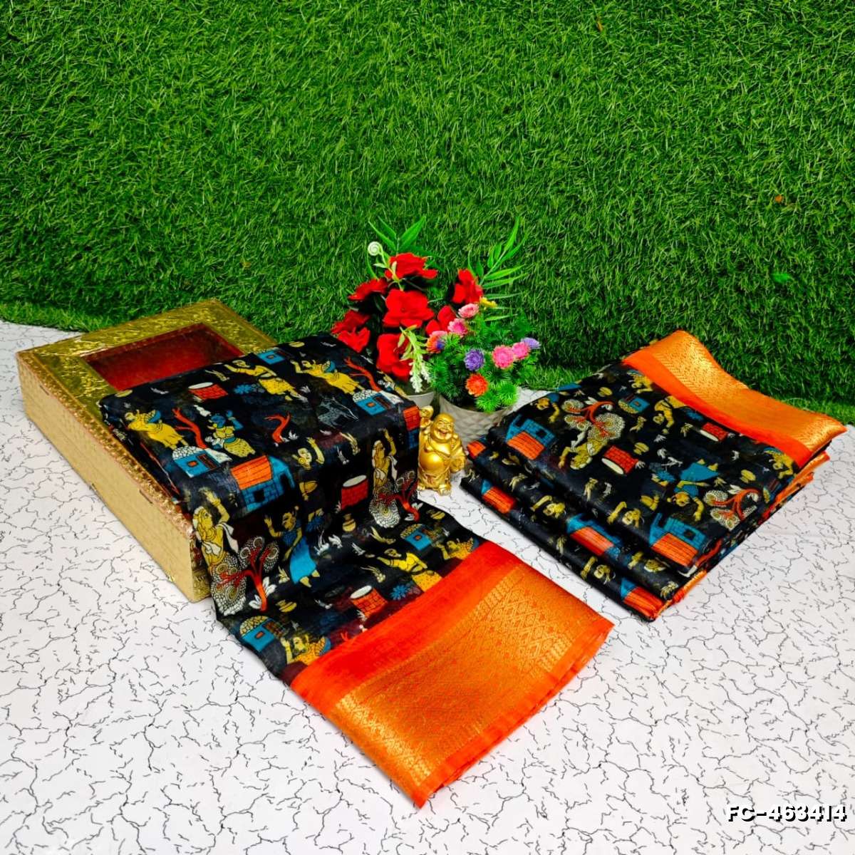 Fancy print office wear cotton sarees all over body kalamkari  pattern design premium look lightweight comfortable wear - BLACK