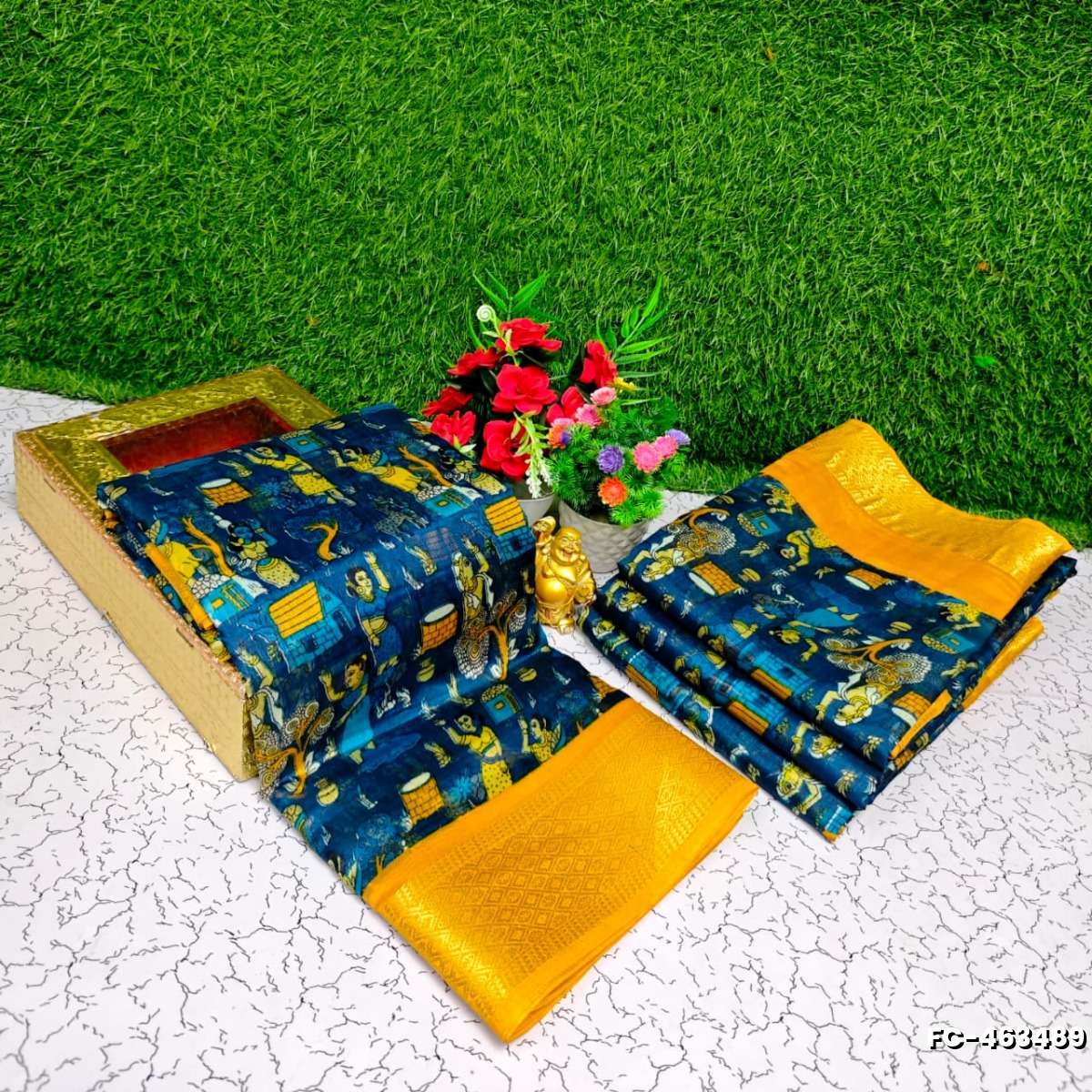 Fancy print office wear cotton sarees all over body kalamkari  pattern design premium look lightweight comfortable wear - BLUE COLOUR