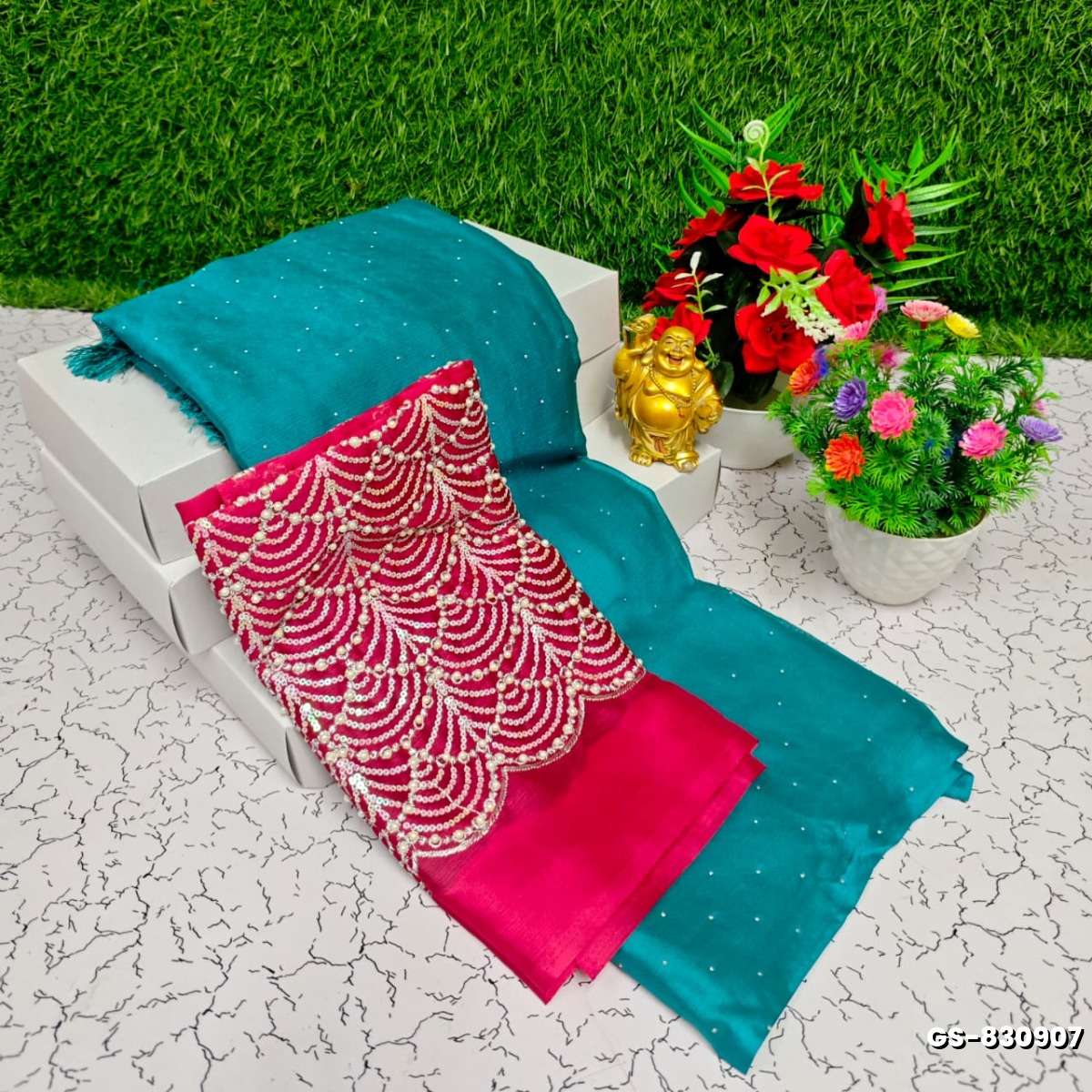 GEORGETTE FANCY SOFT SILK SAREES WITH BLOUSE  PEACOCK DESIGN MODERN FANCY ITEM SAREES - TEAL COLOUR