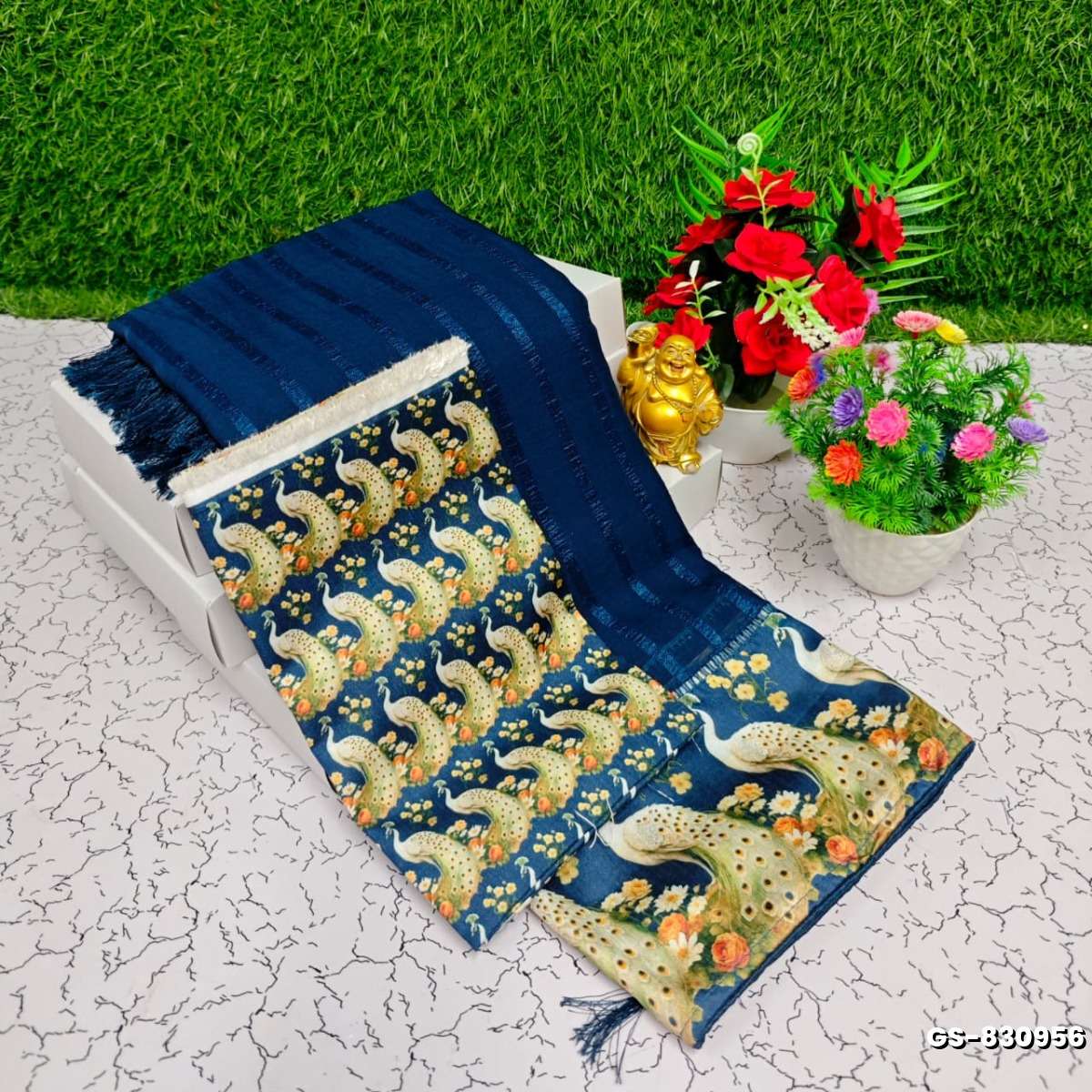 GEORGETTE FANCY SOFT SILK SAREES WITH BLOUSE  PEACOCK DESIGN MODERN FANCY ITEM SAREES - NORMAL  BLUE