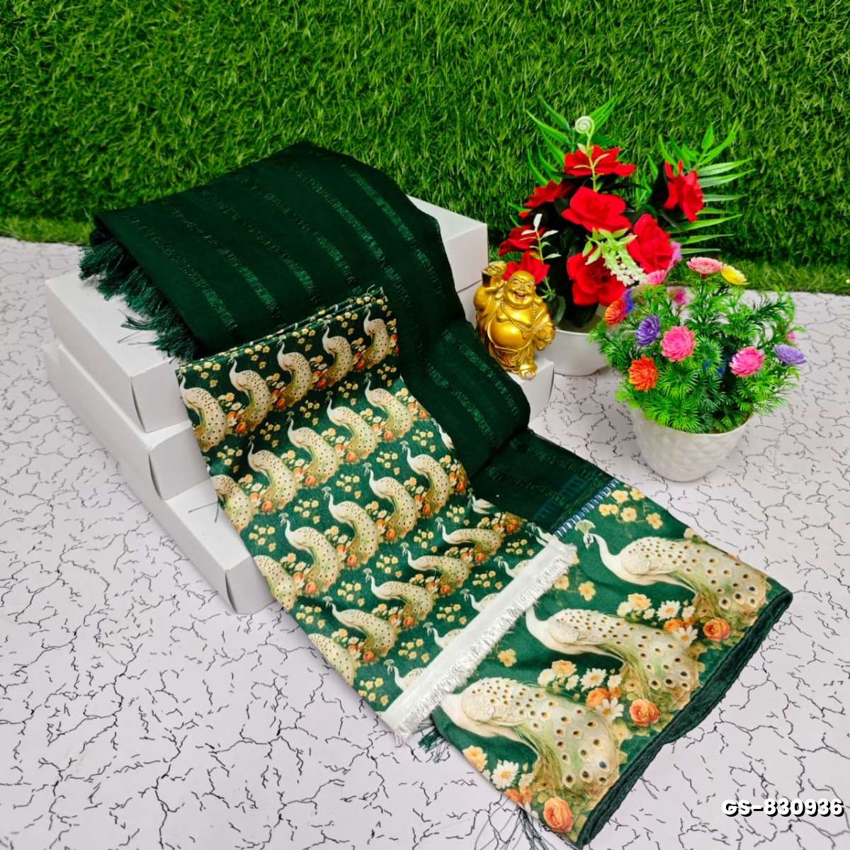 GEORGETTE FANCY SOFT SILK SAREES WITH BLOUSE  PEACOCK DESIGN MODERN FANCY ITEM SAREES - BOTTLE GREEN