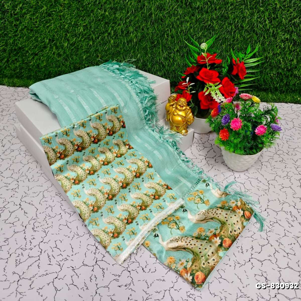 GEORGETTE FANCY SOFT SILK SAREES WITH BLOUSE  PEACOCK DESIGN MODERN FANCY ITEM SAREES - LIGHT SKY BLUE