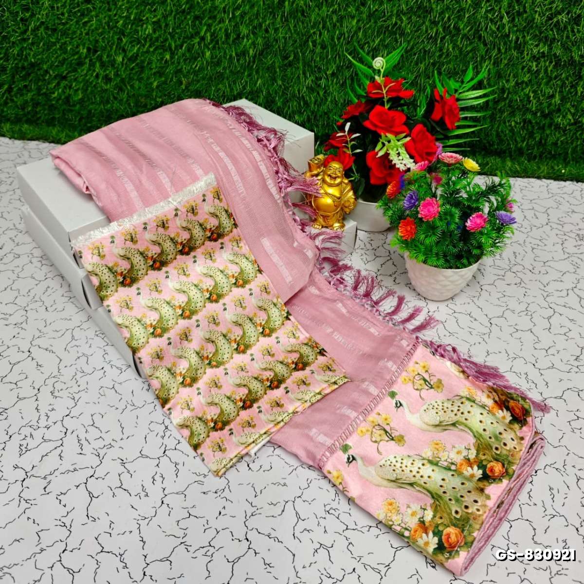 GEORGETTE FANCY SOFT SILK SAREES WITH BLOUSE  PEACOCK DESIGN MODERN FANCY ITEM SAREES - BABY PINK