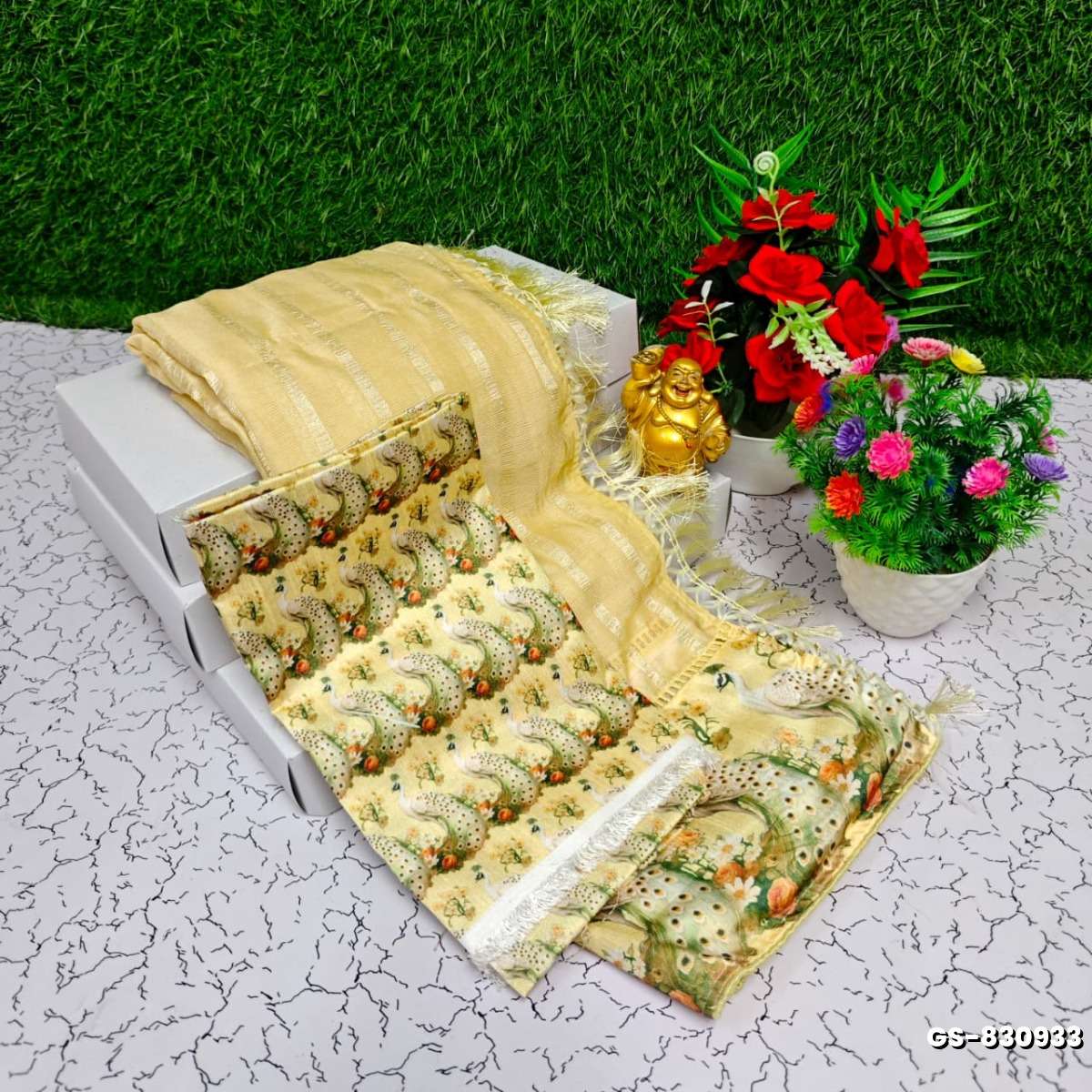 GEORGETTE FANCY SOFT SILK SAREES WITH BLOUSE  PEACOCK DESIGN MODERN FANCY ITEM SAREES - CREAM