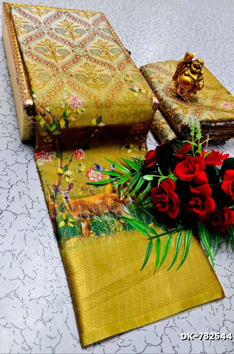 Digital printing dola silk cotton sarees - LIGHT YELLOW (2)
