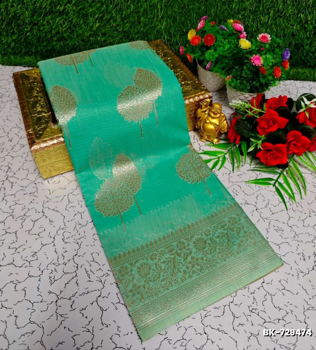Banaras with our Banarasi Cotton fabric — a beautiful fusion of classic artistry and breathable comfort wear saree - EMERALD COLOUR