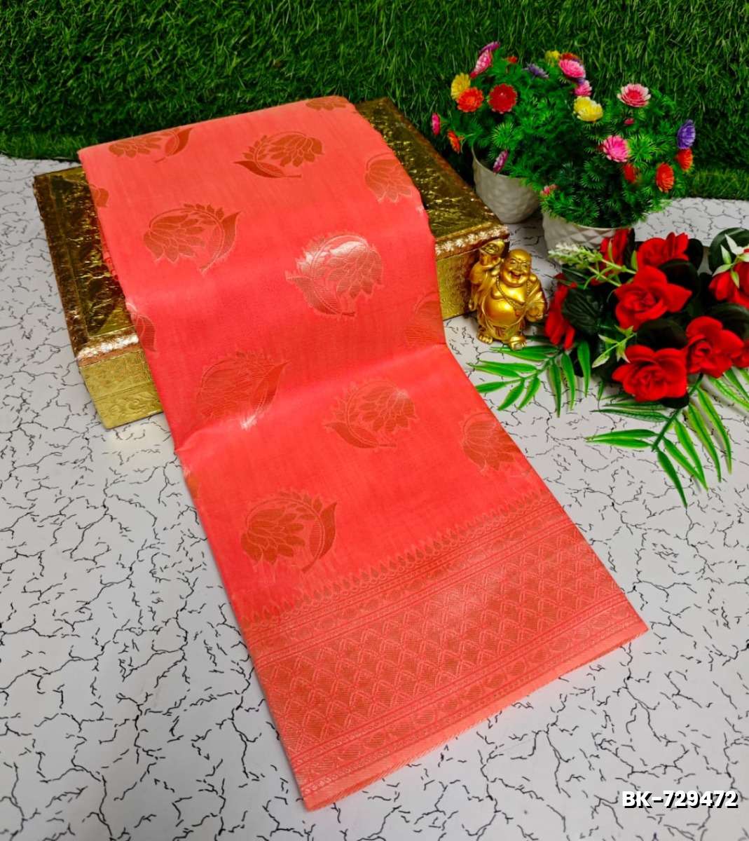 Banaras with our Banarasi Cotton fabric — a beautiful fusion of classic artistry and breathable comfort wear saree - CORAL COLOUR (1)