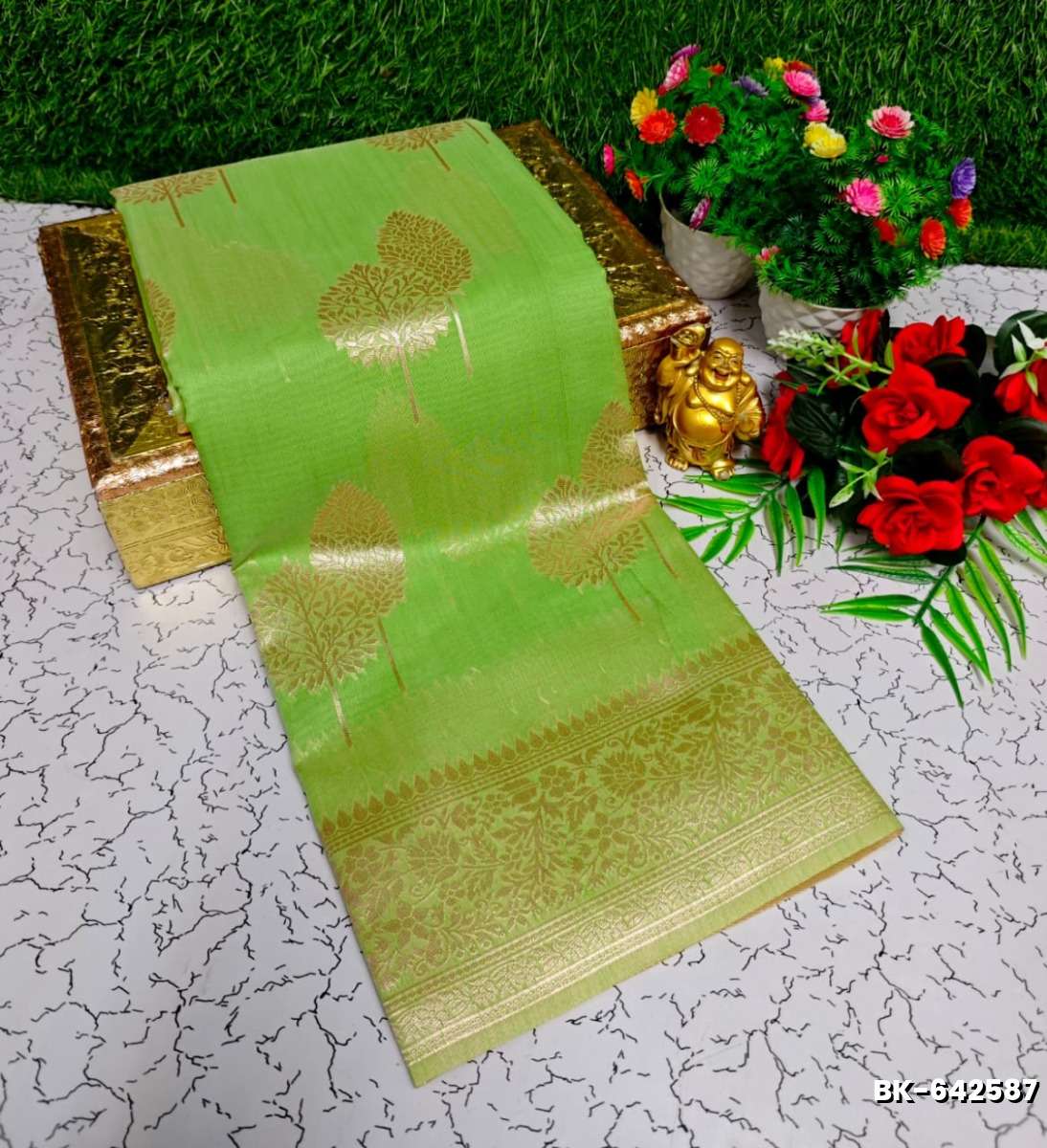 Banaras with our banarasi cotton fabric — a beautiful fusion of classic artistry and breathable comfort wear saree - FLORAISON GREEN (1)