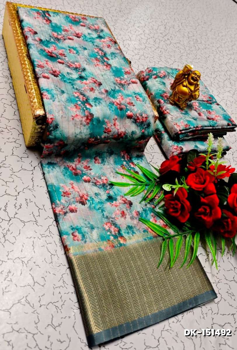 Elegant Floral Dola Silk Saree with Zari Border - LIGHT BLUE N