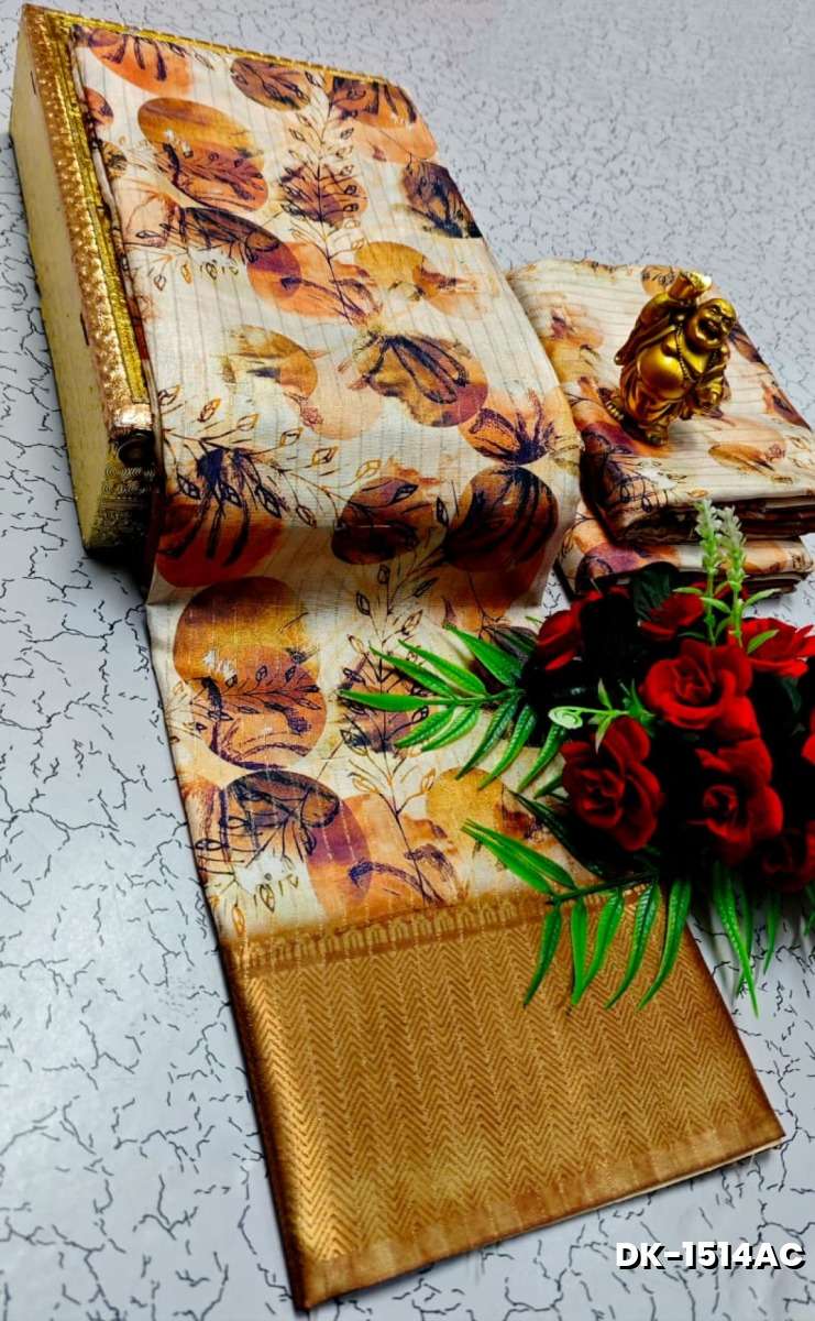 Elegant Floral Dola Silk Saree with Zari Border - LIGHT GOLD