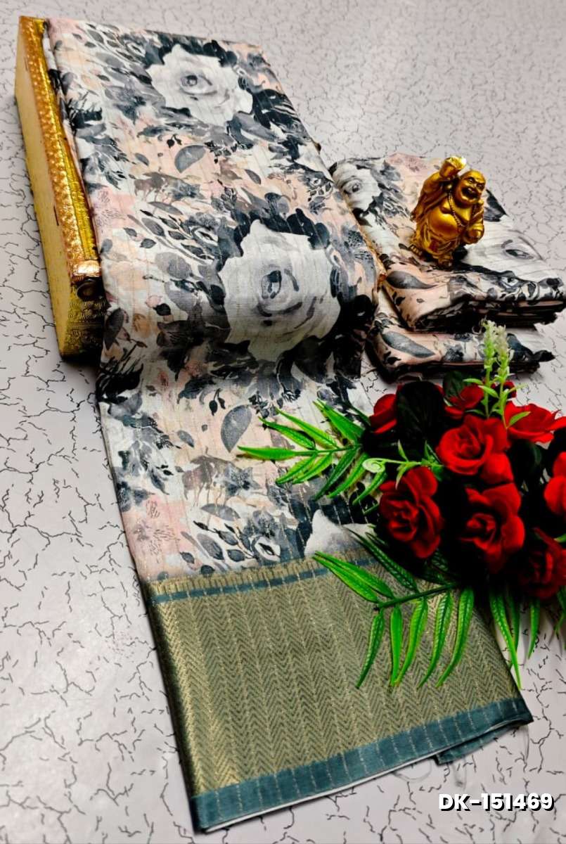 Elegant Floral Dola Silk Saree with Zari Border - BEIGE COLOUR