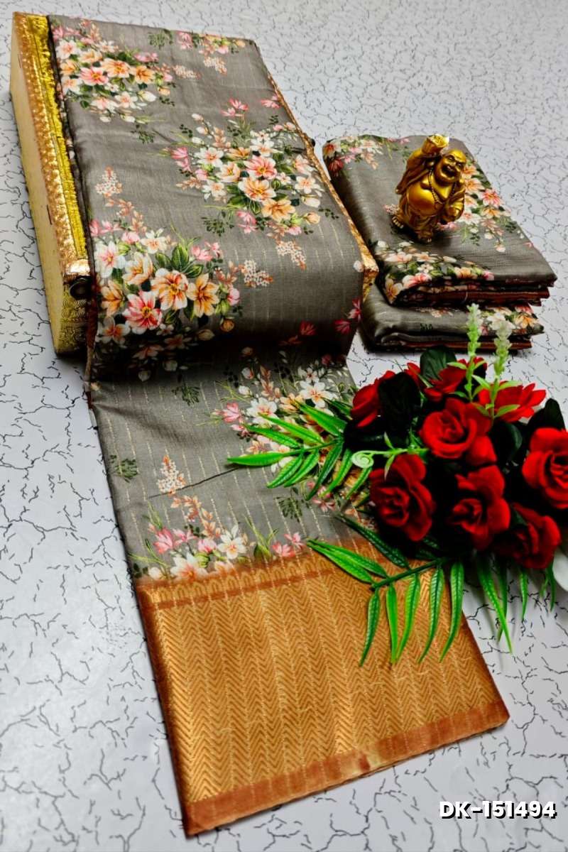 Elegant Floral Dola Silk Saree with Zari Border - CHOCOLATE COLOR