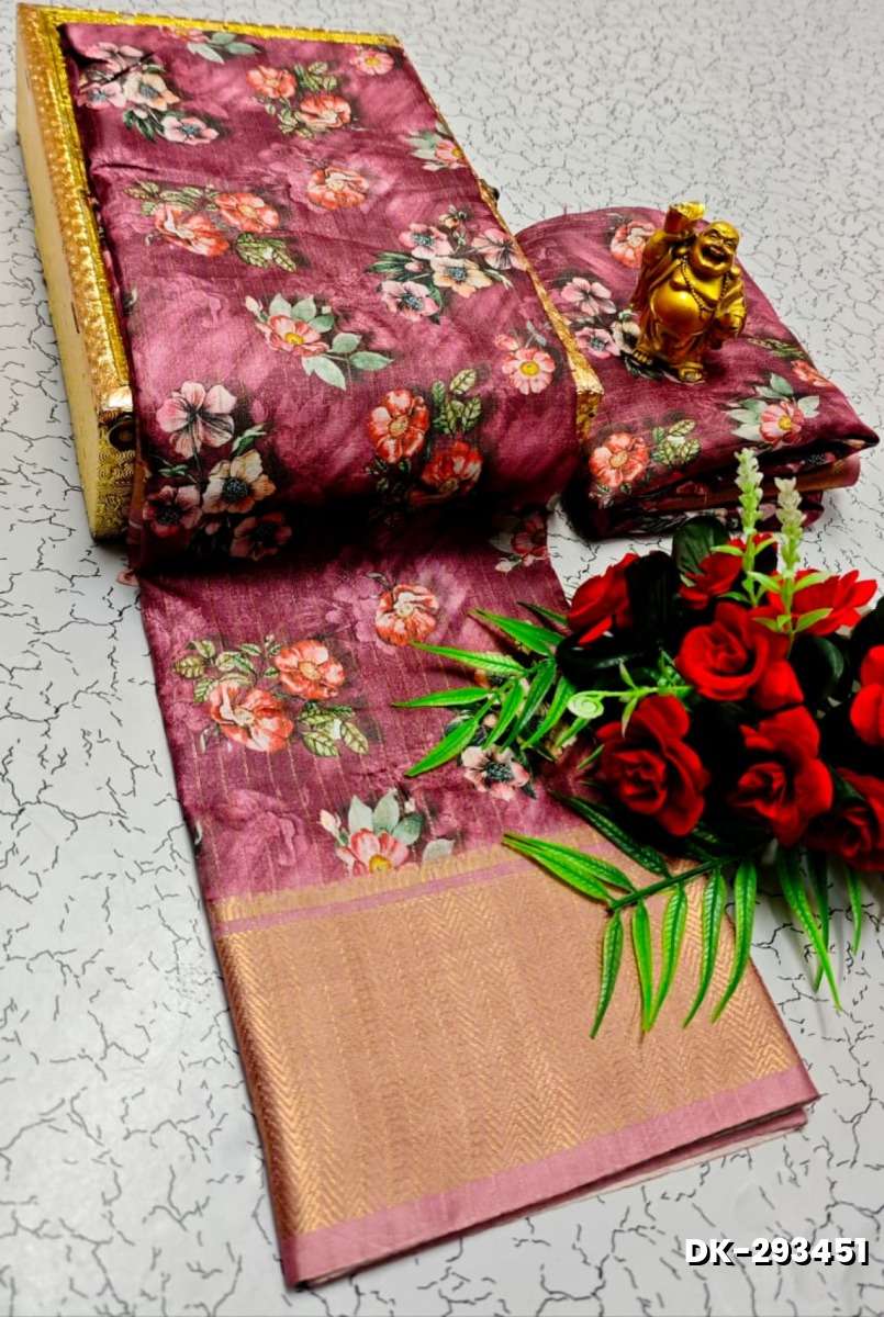 Elegant Floral Dola Silk Saree with Zari Border - ONIYAN PINK