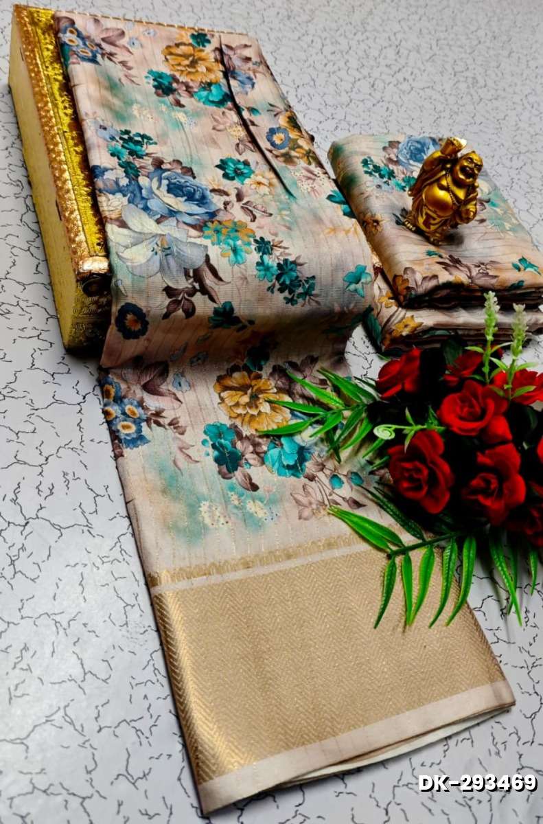 Elegant Floral Dola Silk Saree with Zari Border - BEIGE COLOUR (1)