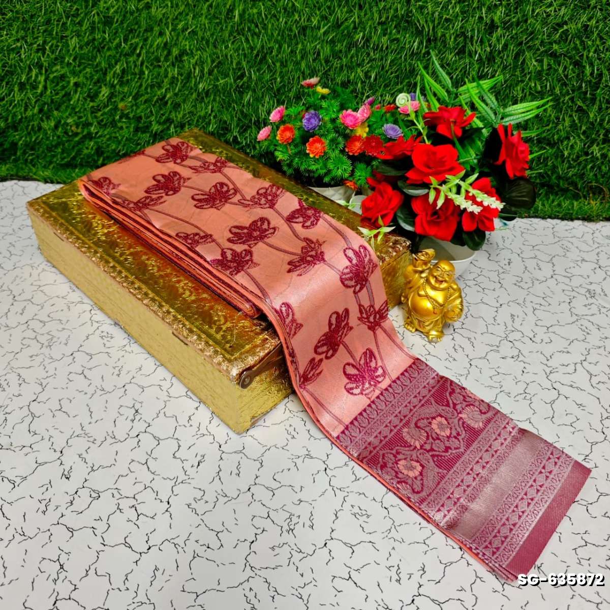 Premium kubera pattu saree rapier fancy  light weight silk type sarees function wear - CORAL COLOUR