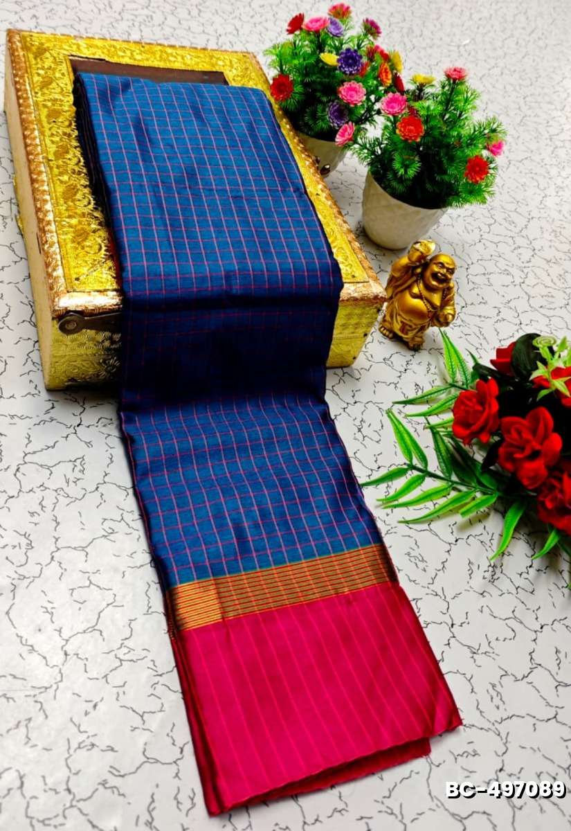Beauty checked soft silk rich look design soft material function and party wear - BLUE COLOUR