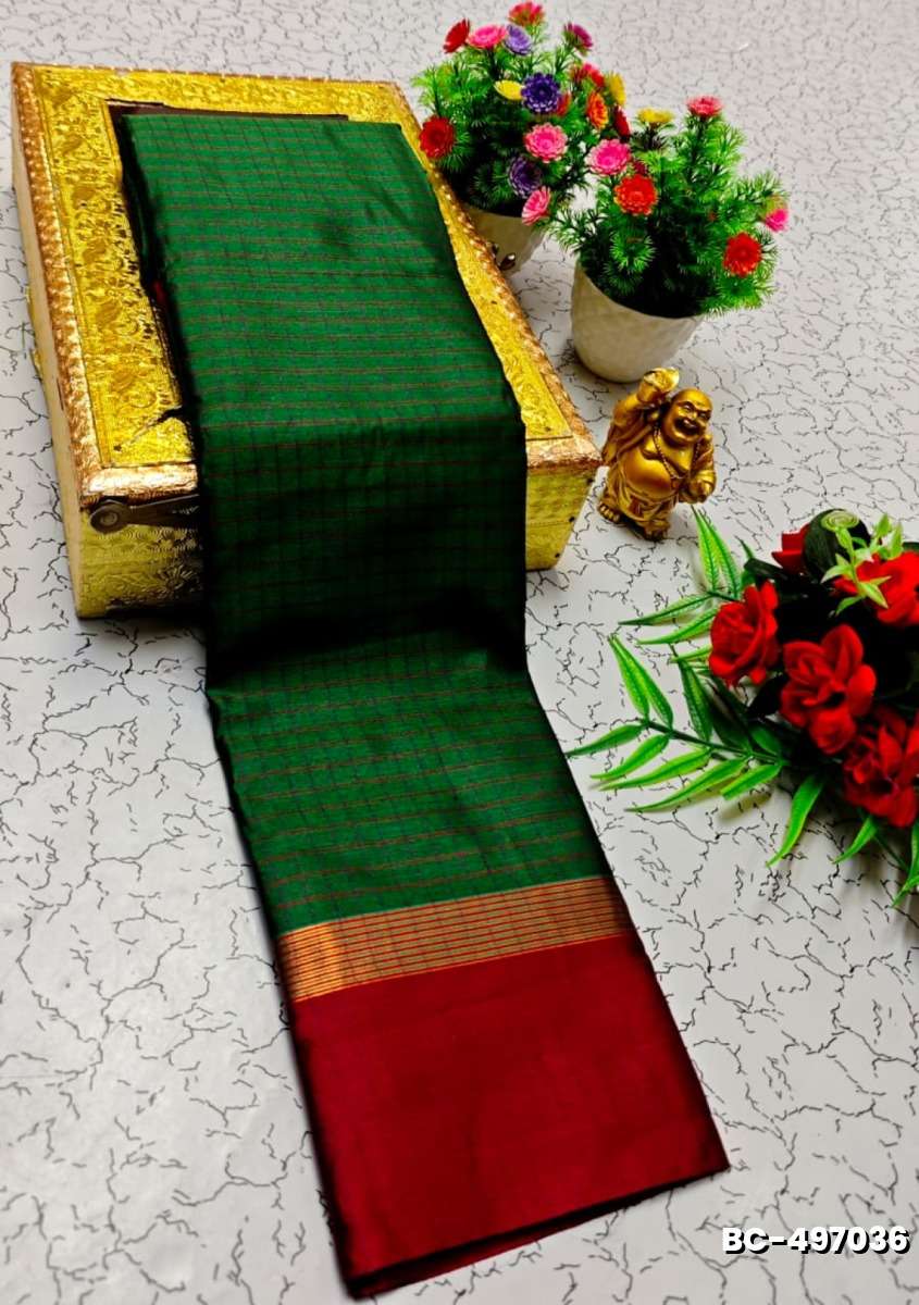 Beauty checked soft silk rich look design soft material function and party wear - BOTTLE GREEN