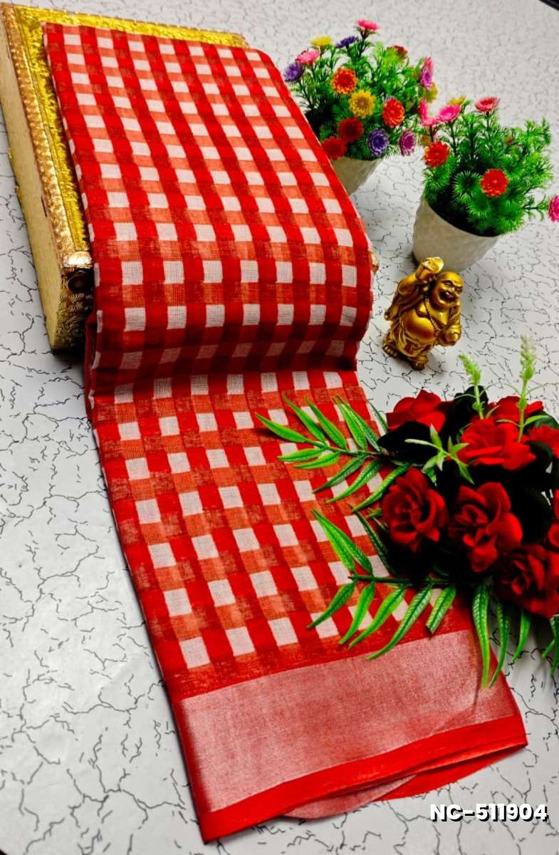 Nayanthara Inspired Checked Sarees with multiple colors - RED