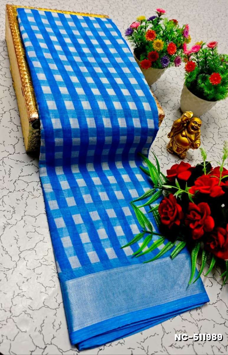 Nayanthara Inspired Checked Sarees with multiple colors - BLUE COLOUR