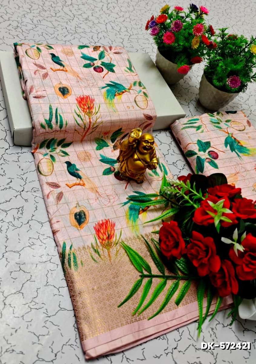 Elegant Floral Dola Silk Saree with Zari Border - BABY PINK (2)
