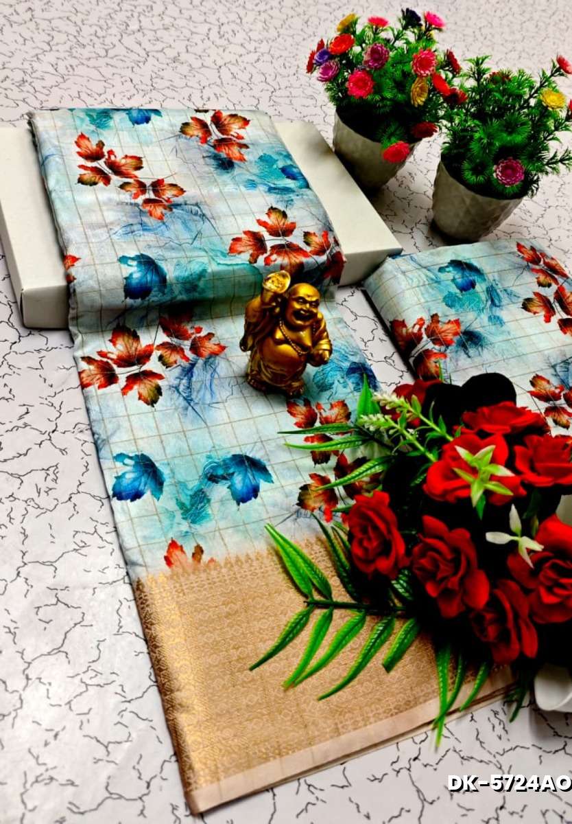 Elegant Floral Dola Silk Saree with Zari Border - ICE BLUE