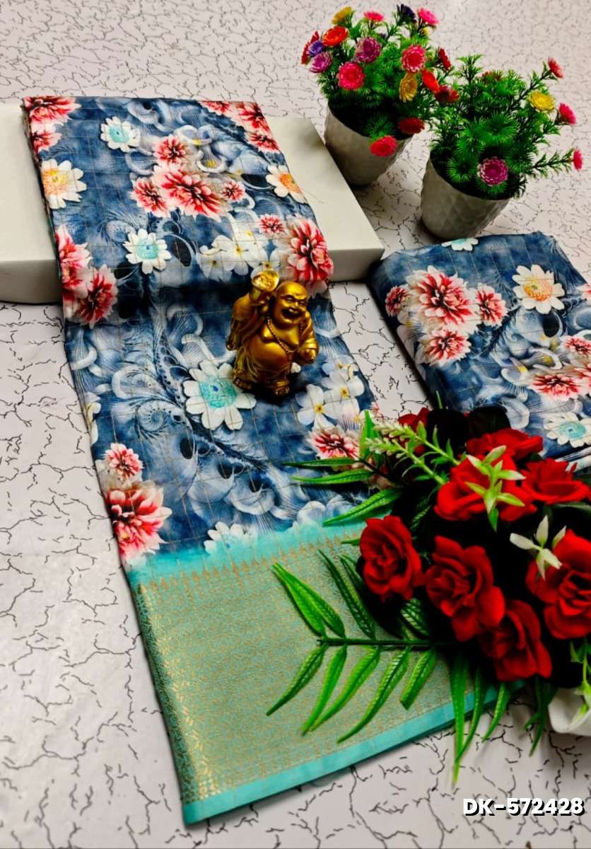 Elegant Floral Dola Silk Saree with Zari Border - BULE