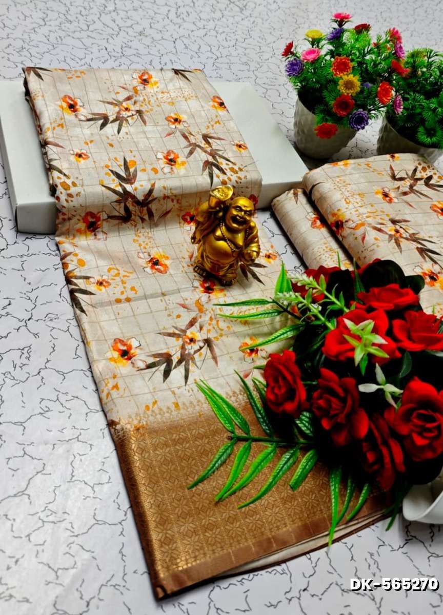 Elegant Floral Dola Silk Saree with Zari Border - IVORY COLOUR