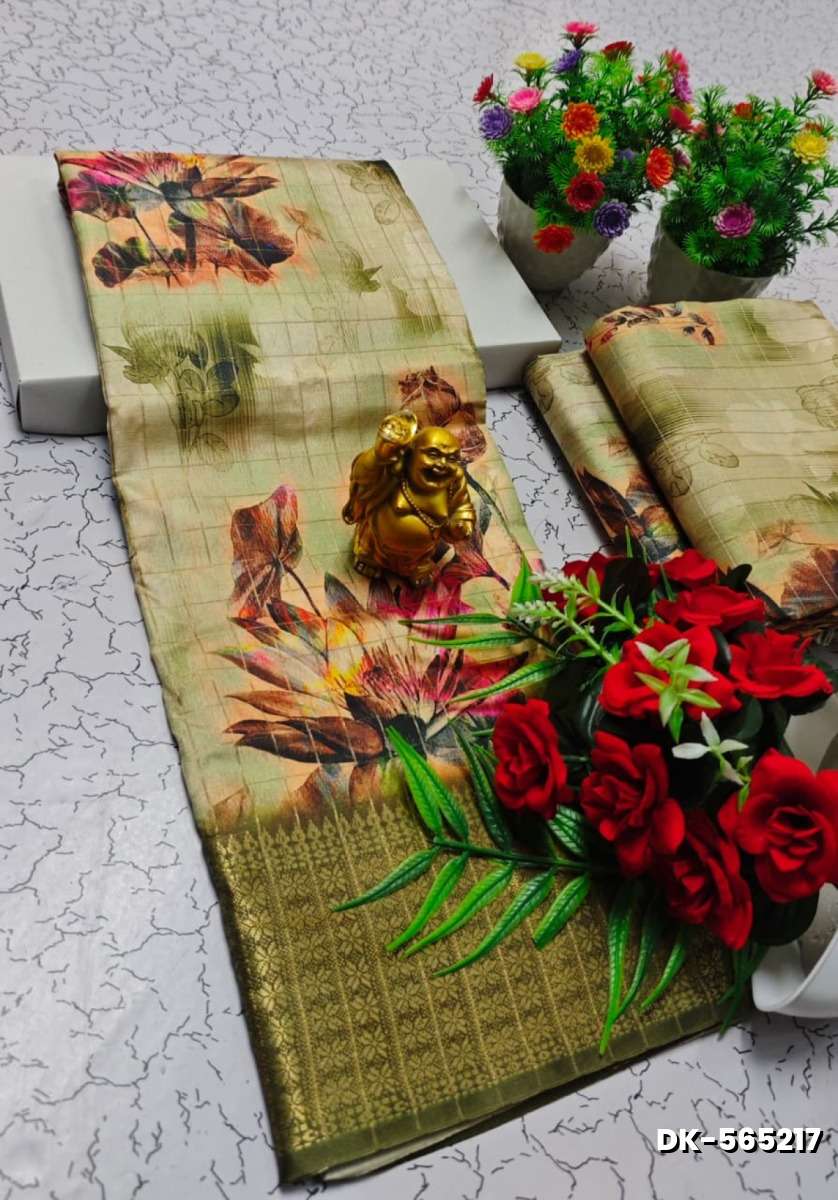 Elegant Floral Dola Silk Saree with Zari Border - OLIVE GREEN