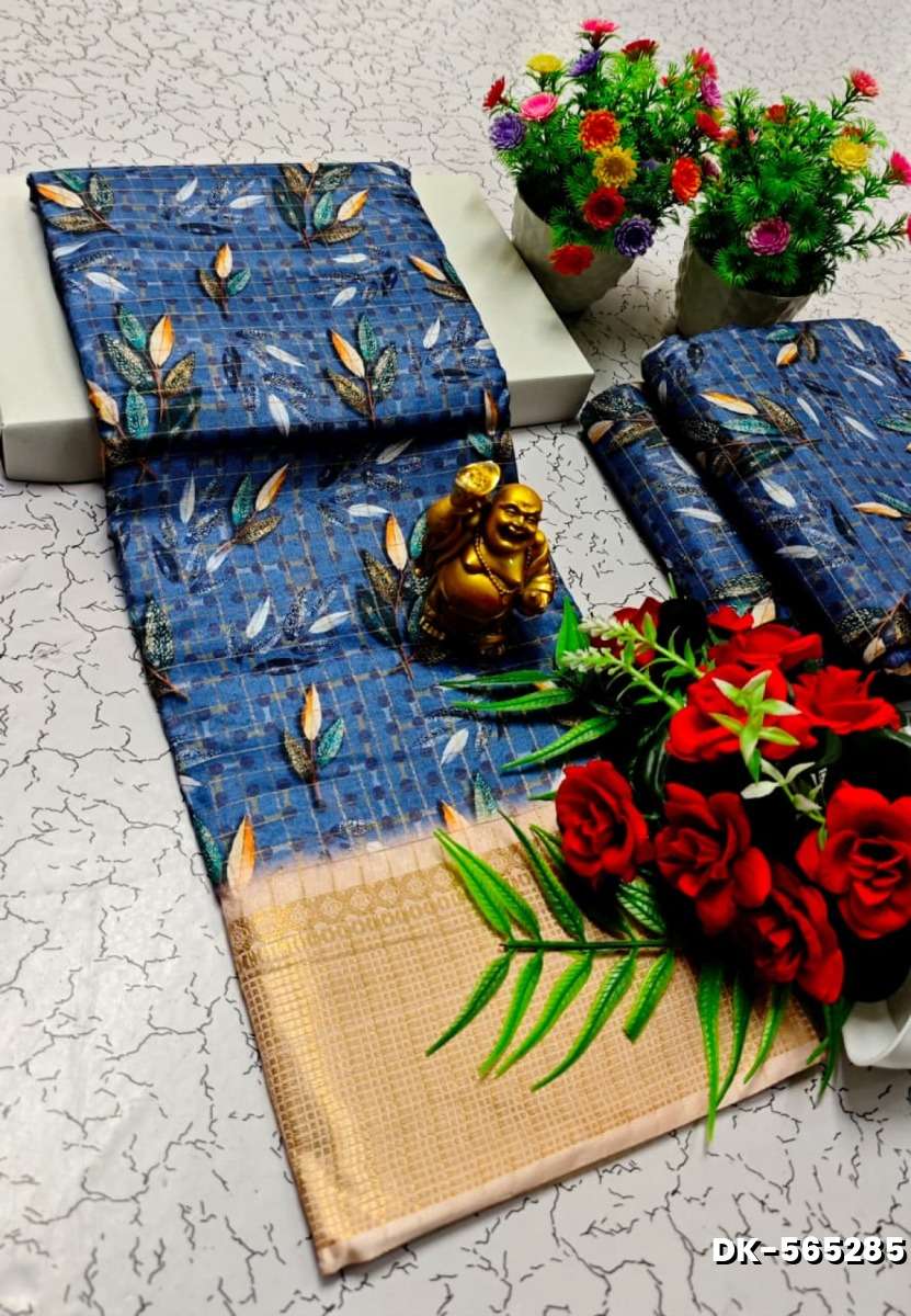 Elegant Floral Dola Silk Saree with Zari Border - BLUE SHADE (1)