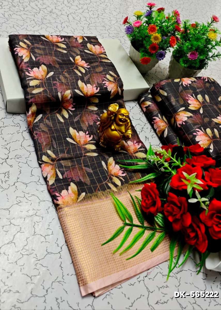Elegant Floral Dola Silk Saree with Zari Border - COFEE BROWN