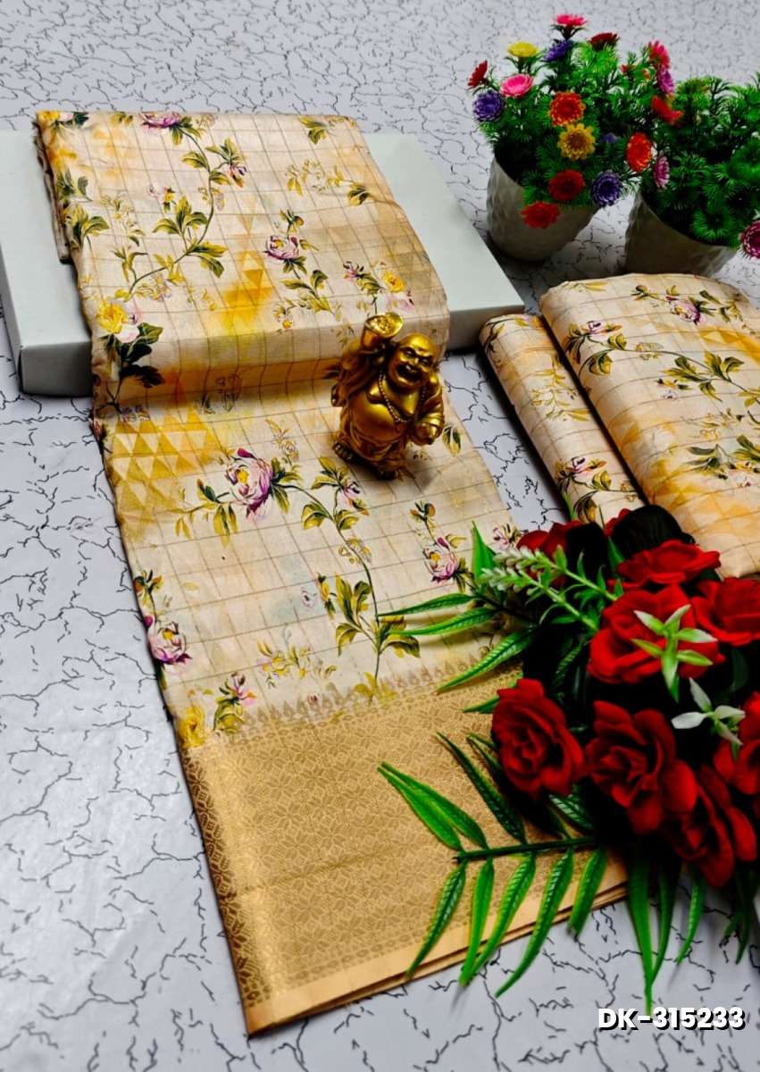 Elegant Floral Dola Silk Saree with Zari Border - CREAM (3)