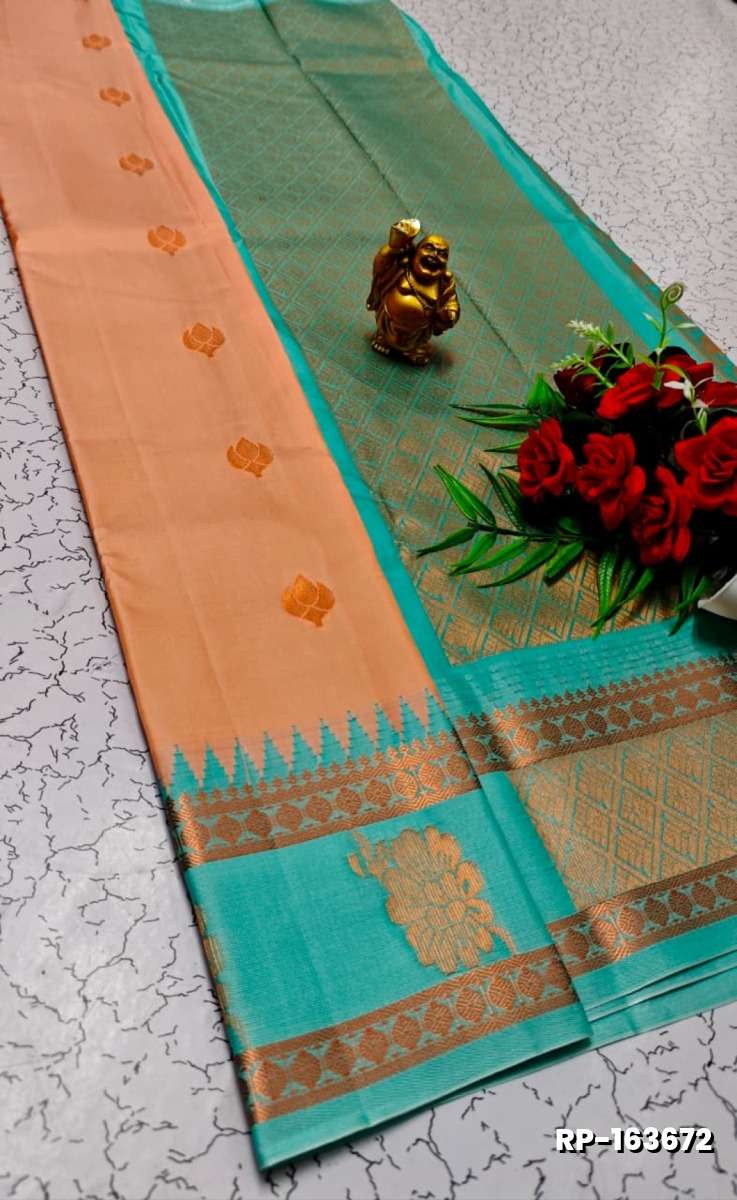 A "Retta Petta" soft silk saree with Rich Pallu and Blouse - CORAL COLOUR