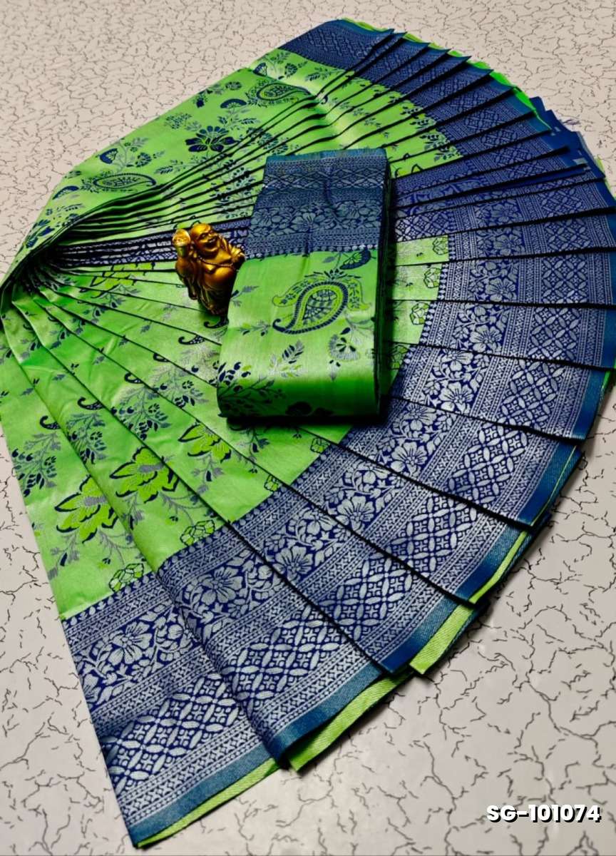 Premium kubera pattu saree rapier fancy  light weight silk mango with folwer design saree - EMERALD COLOUR