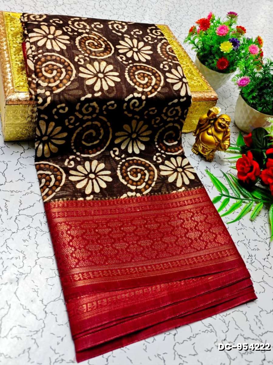 Dailywear cotton sarees all over body flower designpattern design premium look lightweight comfortable wear - COFEE BROWN