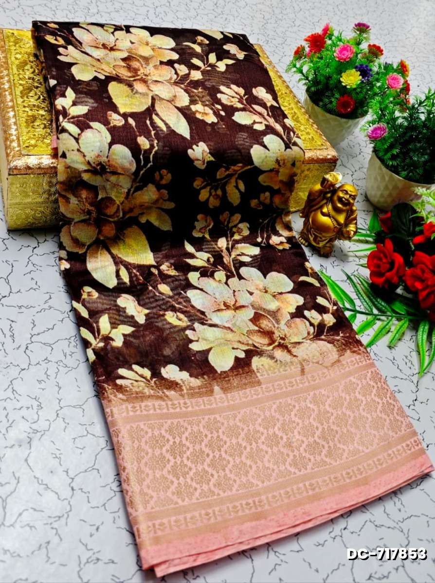 Dailywear cotton sarees all over body flower designpattern design premium look lightweight comfortable wear - BROWN