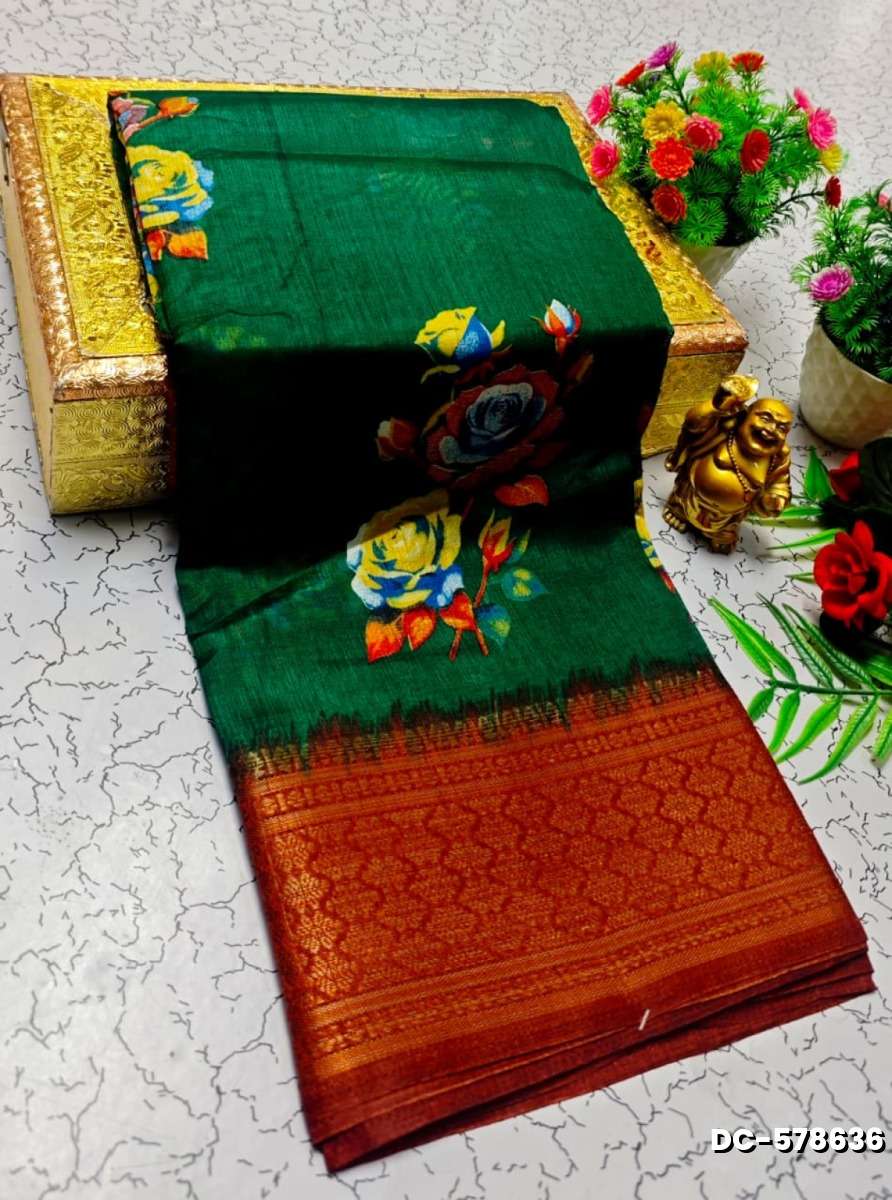 Dailywear cotton sarees all over body flower designpattern design premium look lightweight comfortable wear - BOTTLE GREEN