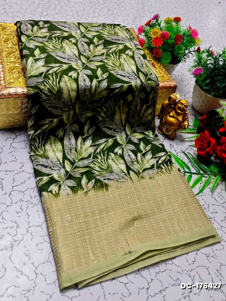 Dailywear cotton sarees all over body leaf designpattern design premium look lightweight comfortable wear - MEHENDHI GREEN