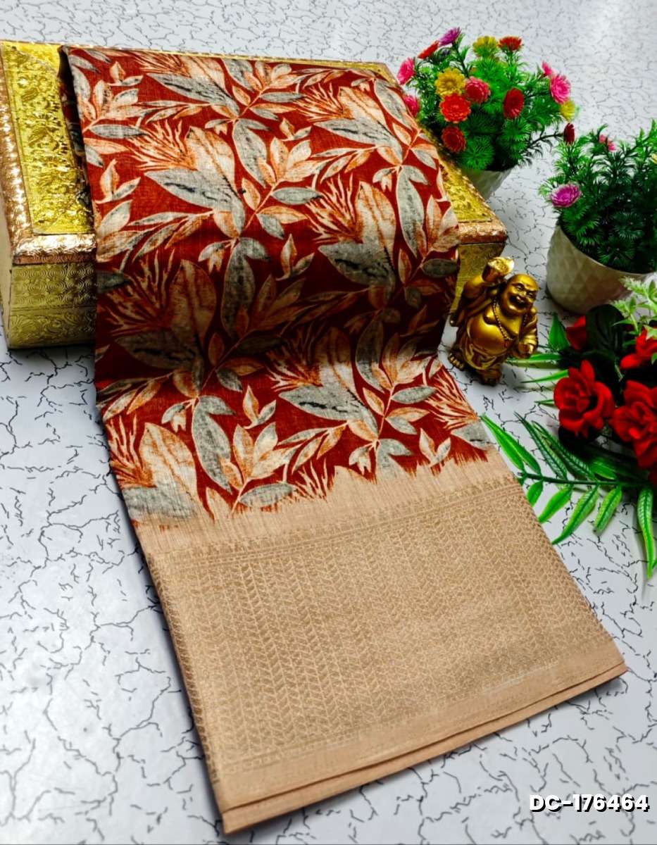 Dailywear cotton sarees all over body leaf designpattern design premium look lightweight comfortable wear - BROWN COLOUR