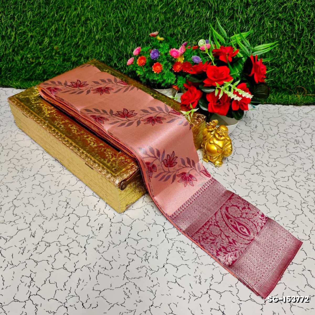 Premium kubera pattu saree rapier fancy  light weight silk type sarees function wear - CORAL COLOUR (4)
