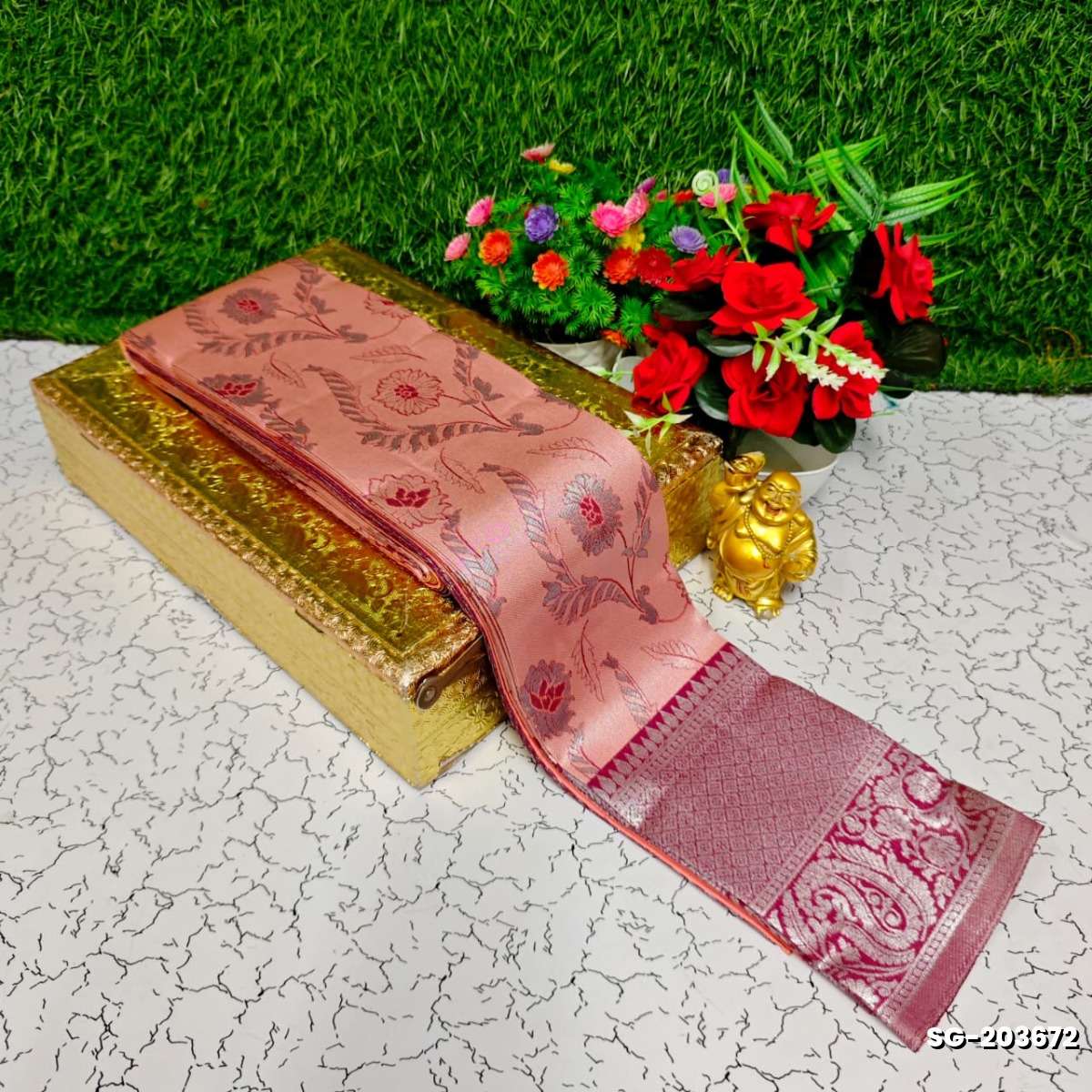 Premium kubera pattu saree rapier fancy  light weight silk type sarees function wear - CORAL COLOUR (6)