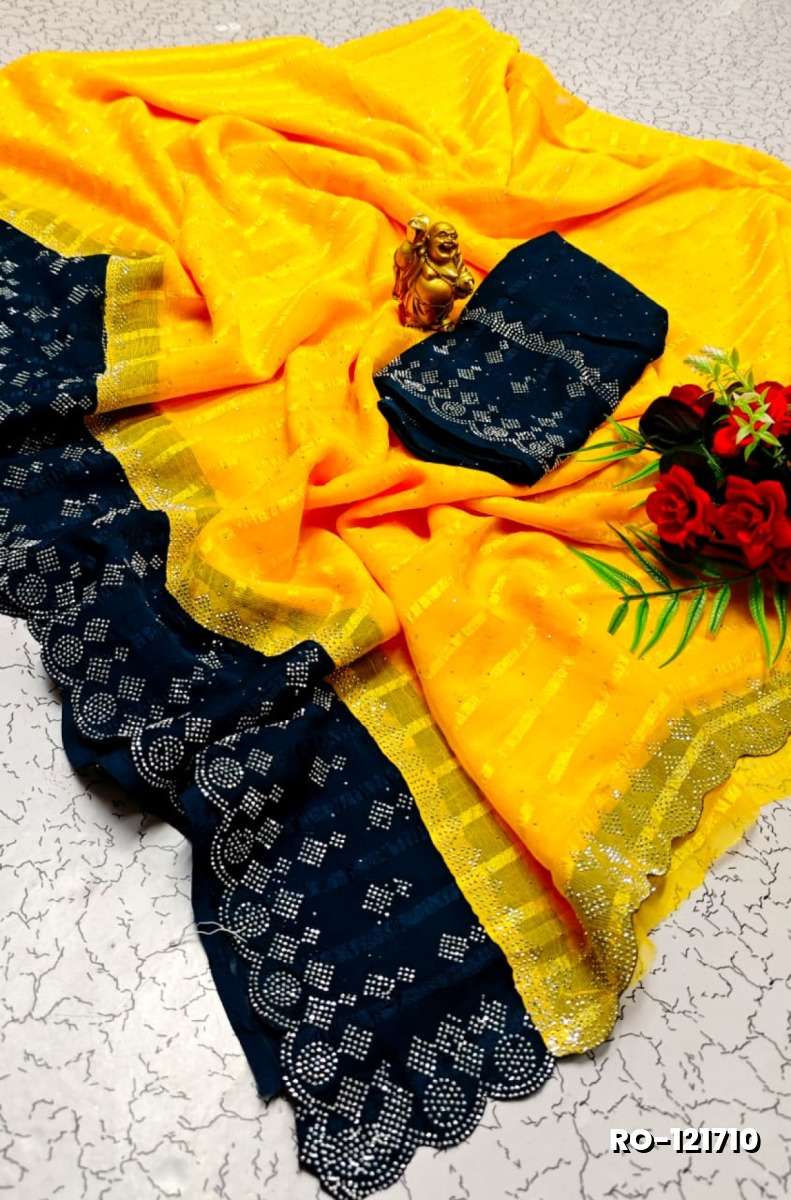 Fancy Stone Work Soft Silk Saree Full Same Color Border Contrast Color with blouse modern fancy item sarees - YELLOW